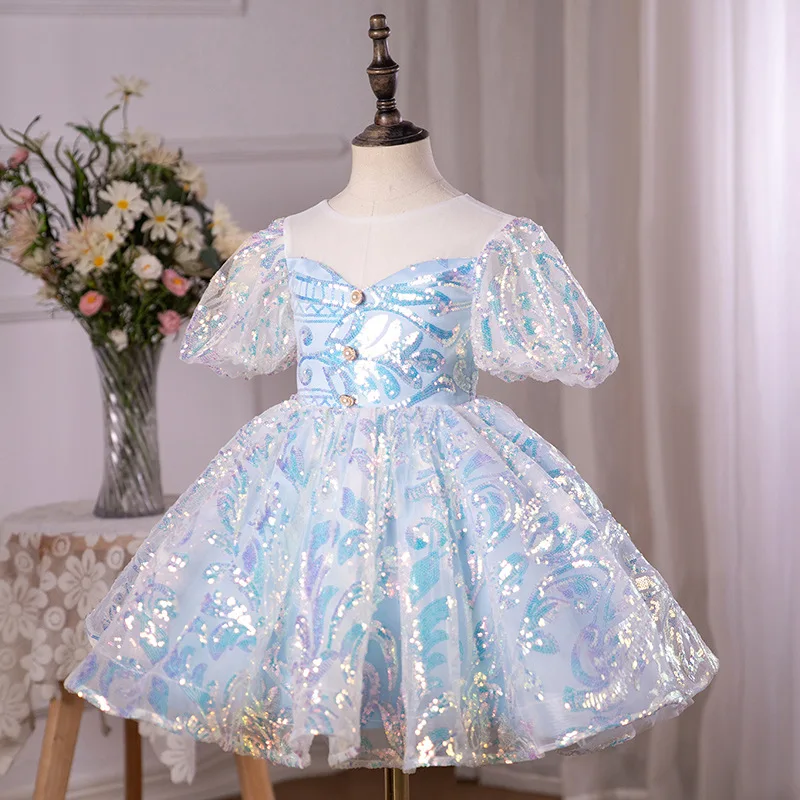 Customized Sequined Ball Gown Flower Girl Dresses O-Neck Puff Sleeve Bow Girl Birthday Gowns Temperament Elegant Junior Bridesma