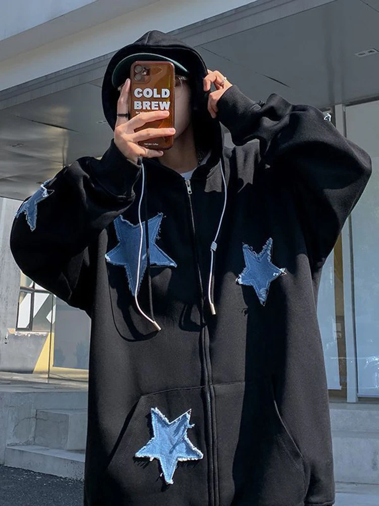 Y2k Hip Hop Women\'s Star Patch Zip Up Hoodie for Women Oversized Sweatshirt Jacket E-Girl 90s Pullover Gothic Streetwear