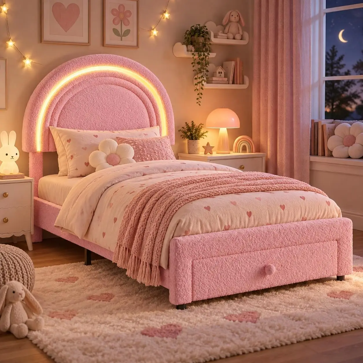 Garvee Twin Bed Frame with Storage Drawer & LED Headboard  Adjustable Velvet Headboard, Platform Bed For Kids, No Box Spring Needed