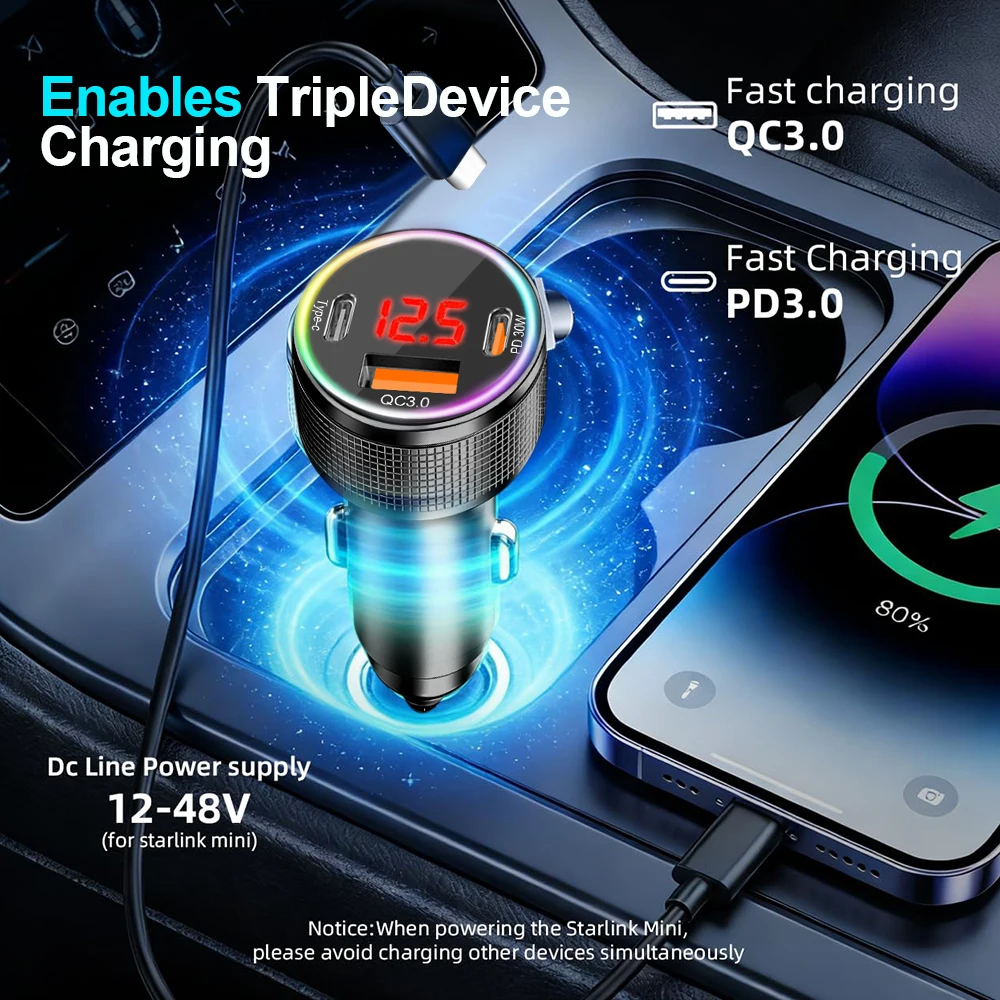 Starlink Mini 4-in-1 Car Charger with Digital Display Cigarette Lighter Adapter DC Power Cable 12V-24V Universal Car Adapter