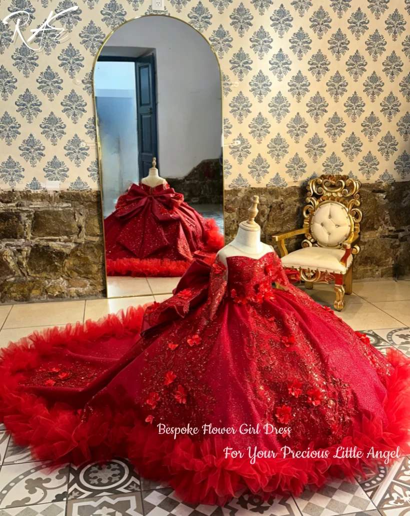 Off-Shoulder Puffy Flower Girl Dress For Wedding Birthday Pageant Formal Gowns A-Line Long Train Glitter Customized