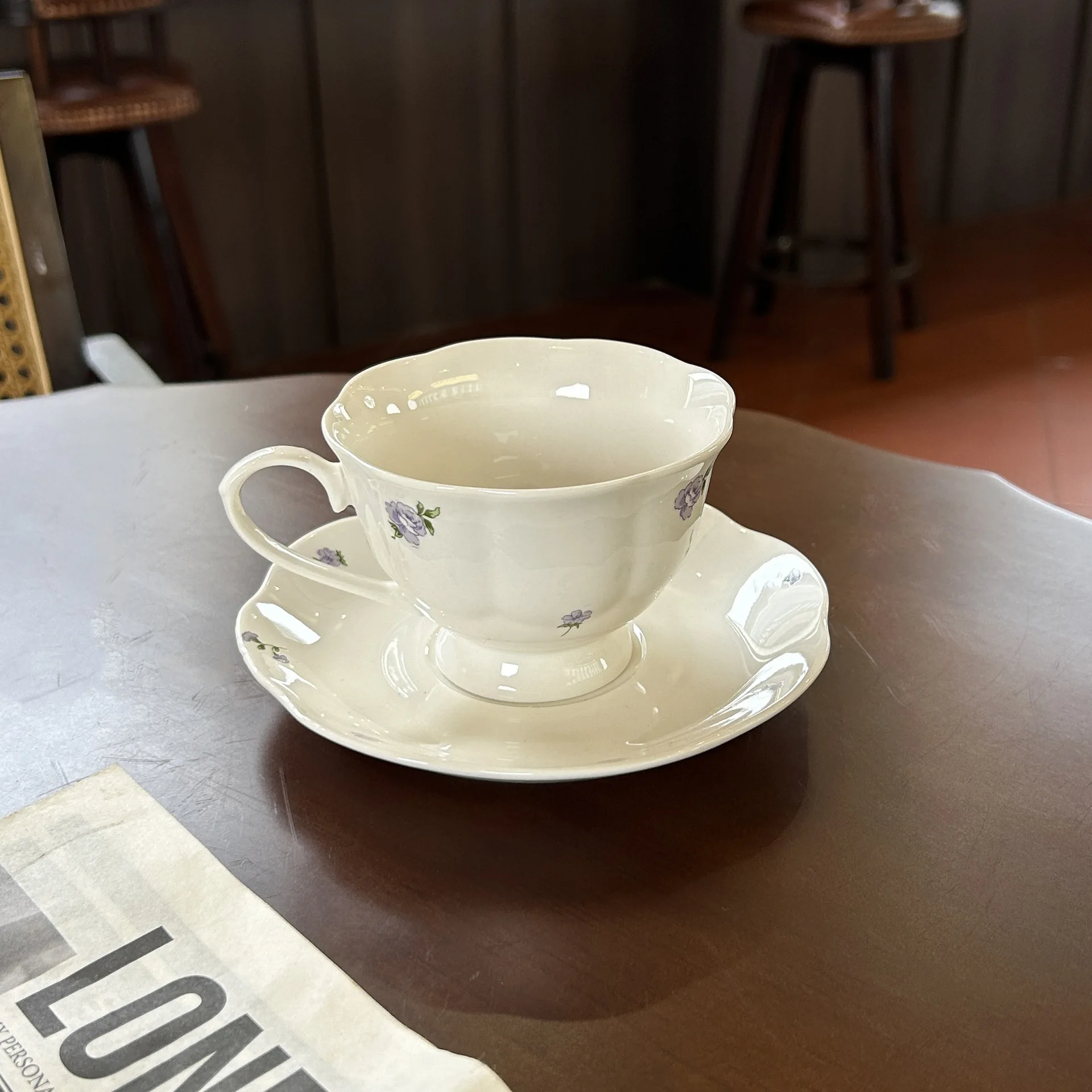 DSA   retro purple floral ceramic coffee cup, latte cup, afternoon tea cup saucer, niche gifts