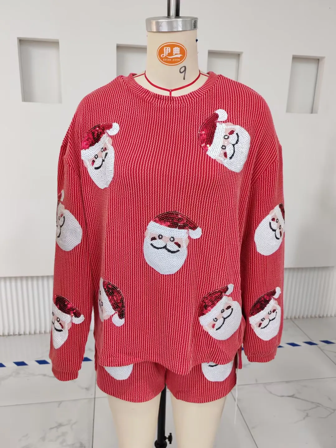 2026 Neujahr Damen 2-teiliges Lounge-Outfit Weihnachten Langarm O-Ausschnitt Pailletten Kürbis/Pailletten Weihnachtsmann Pullover Shorts Sets