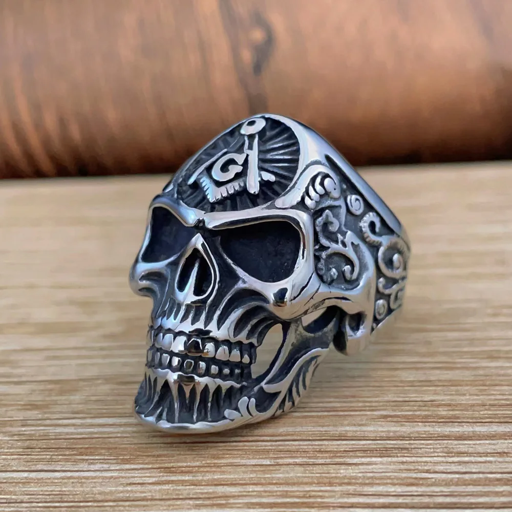 316L Stainless Steel Retro Masonic Skull Ring Men Fashion Punk Floral Pattern Letter G Ring Biker Amulet Jewelry Gift Wholesale