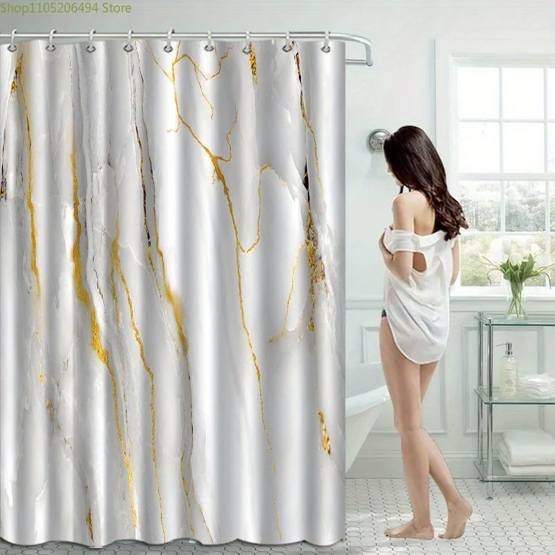 

1pc Elegant Marble Pattern Shower Curtain with Hooks - Machine Washable Polyester, Golden & White Design, Perfect for Bathroom