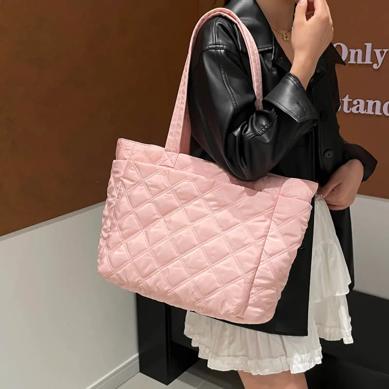 

Минималистичная большая сумка на хлопковой подкладке, большая вместительная сумка на плечо с хлопковой подкладкой и ромбовидной сеткой для женщин, рабочая дорожная сумка