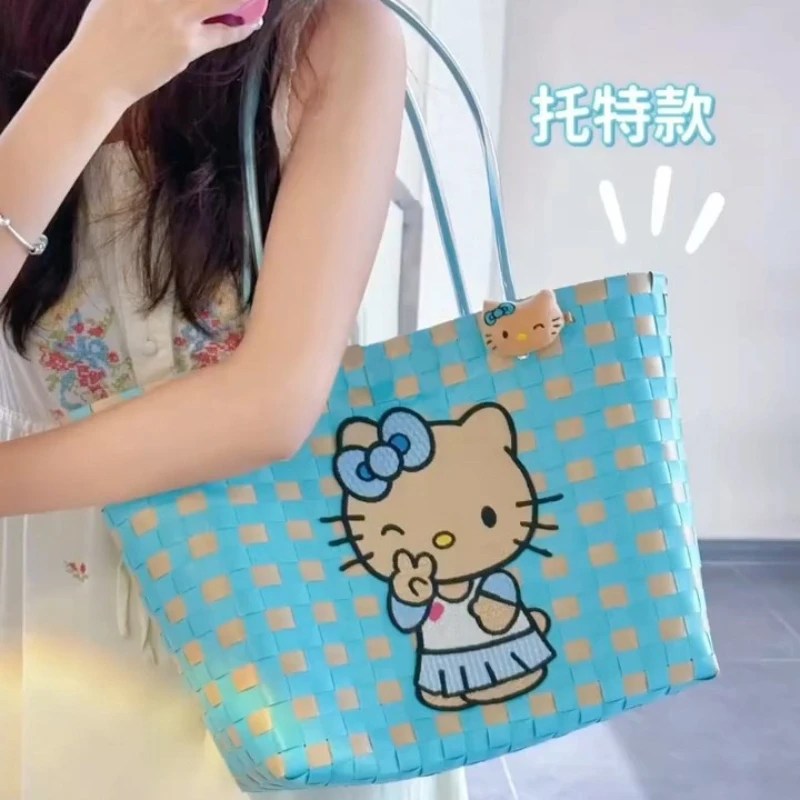 Miniso 2024 New Hello Kitty Woven Bag Fashion High Quality Girls Beach Bag Large Capacity Multi Functional Women\'s Handbag