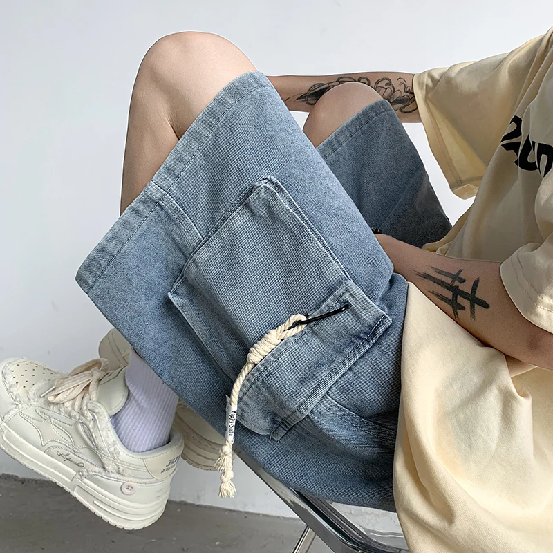 American Retro Drawstring Workwear Denim Shorts Men Summer Thin Loose Teenage Five-Point Trendy Large Size Straight Leg Jeans