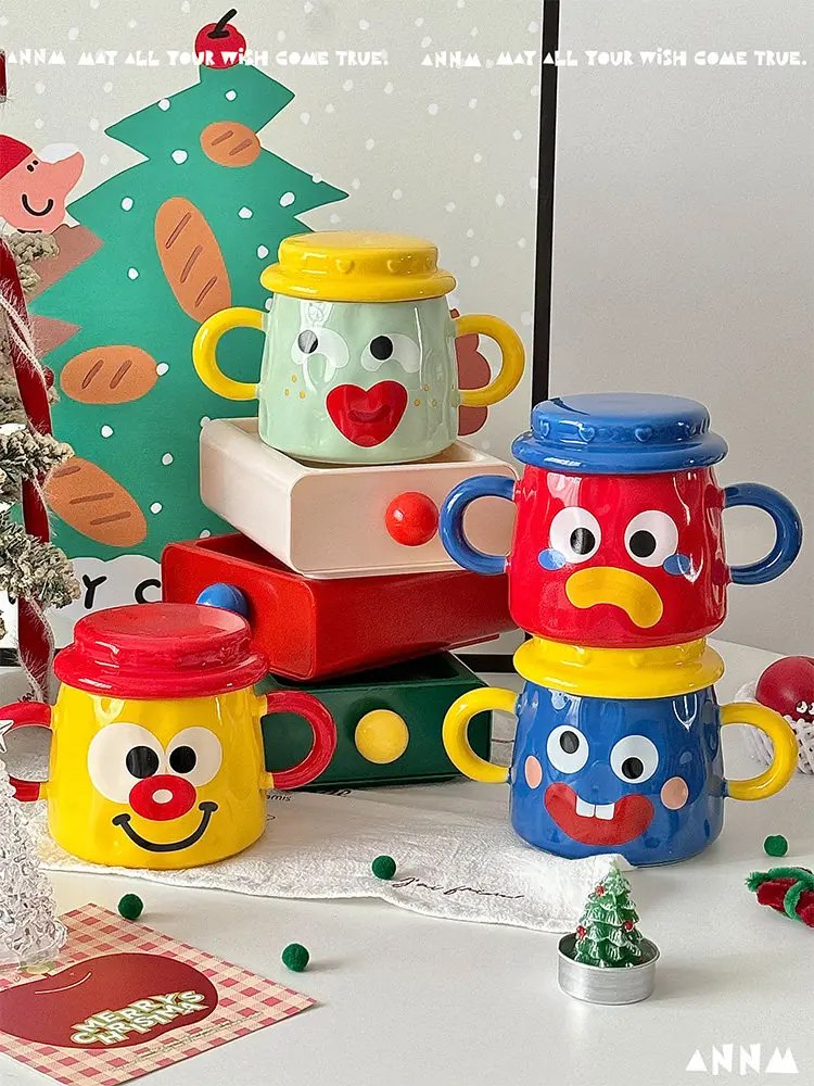 

ANNM Creative Funny Face Double Handle Ceramic Mug With Lid Premium Niche Drinking Cup For Home Office Daily Coffee Milk Use