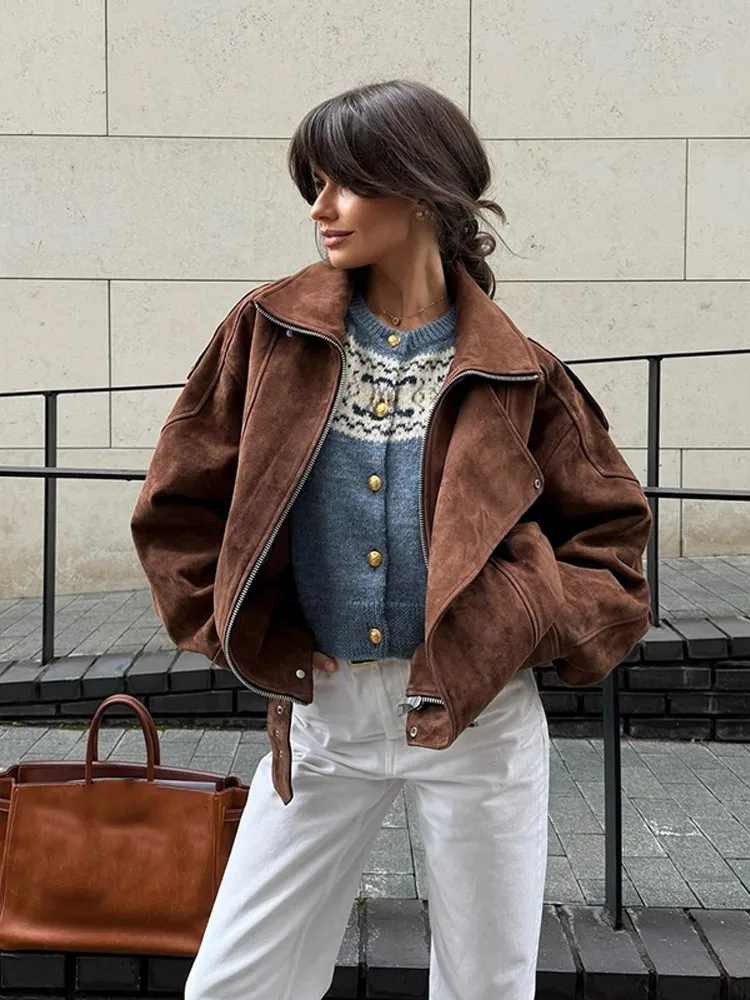 Chic Brown Suede Cropped Casual Coat Vintage Lapel Solid Color Zipper Short Jacket 2024 Autumn Woman New Padded Shoulder Jackets