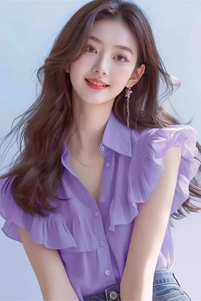 Purple Short Sleeve Blouse With Ruffle And Flutter Sleeves For Women In Summer