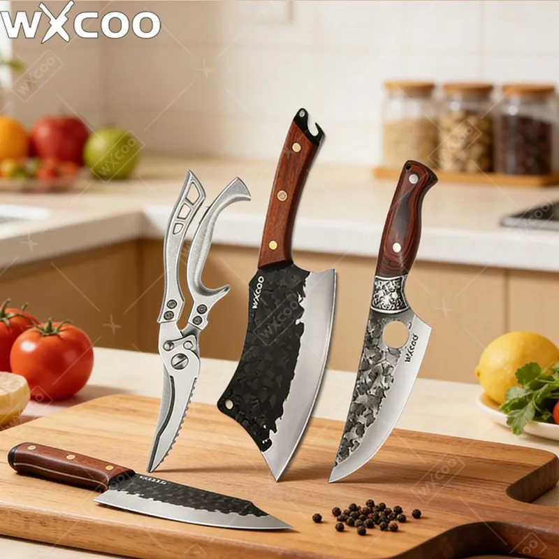 WXCOO Handgeschmiedetes Metzgermesser Edelstahl Ausbeinmesser Schneidebrett-Set Küchenmesser Hackwerkzeuge BBQ Fleischschneidewerkzeuge