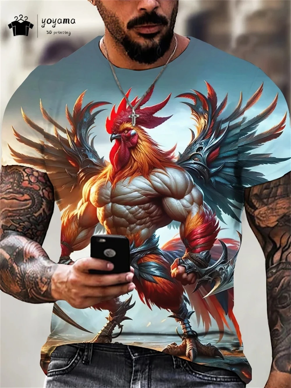 

Мужская футболка с рисунком курицы-самурая, летняя уличная мужская футболка, модная мужская футболка с круглым вырезом и короткими рукавами, мужская одежда большого размера