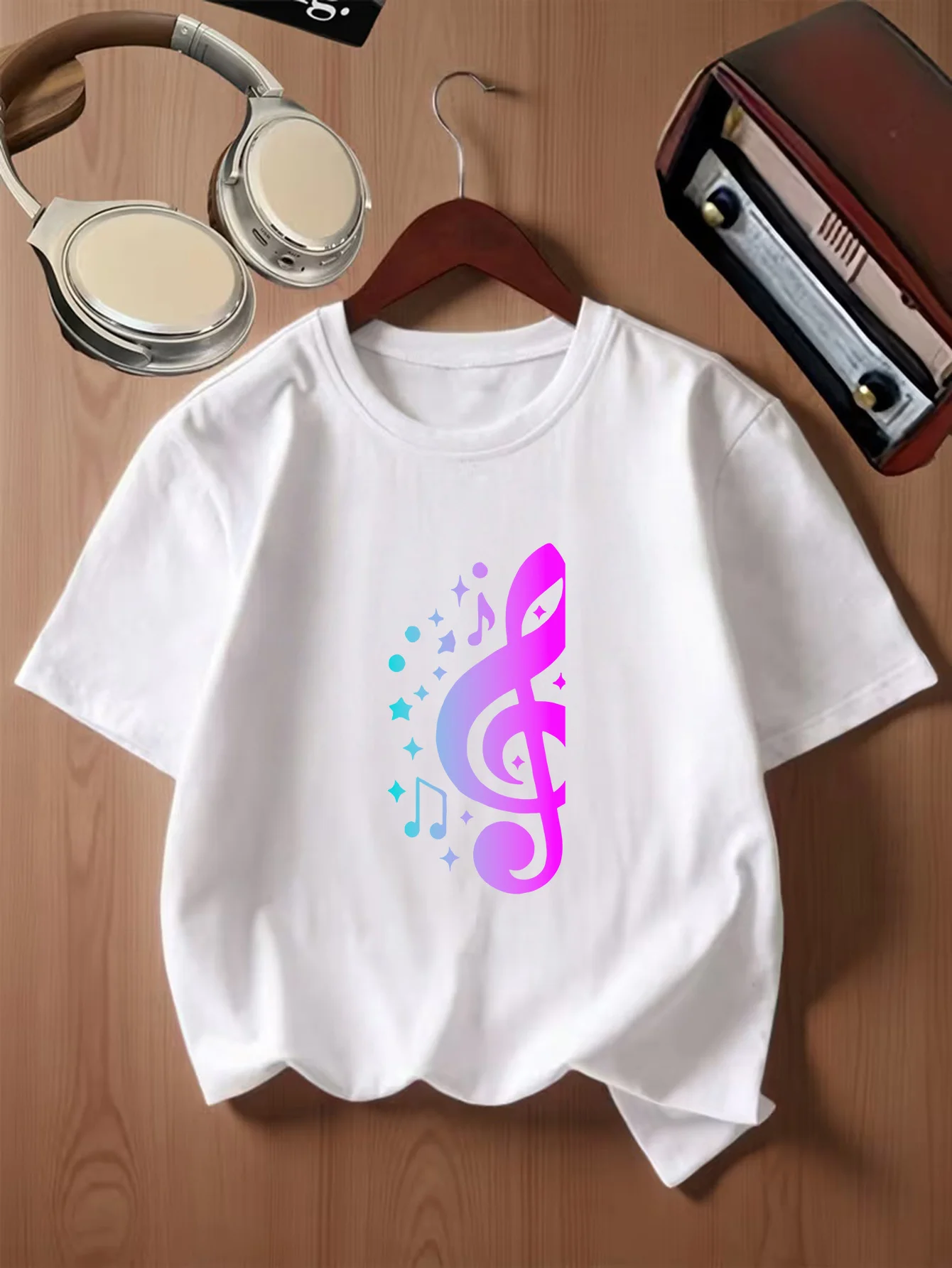 Gradient Treble Clef Music Note Star Graphic Kids T Shirt Boys Girls Family Matching Parent Child Summer Crew Neck Casual Tee