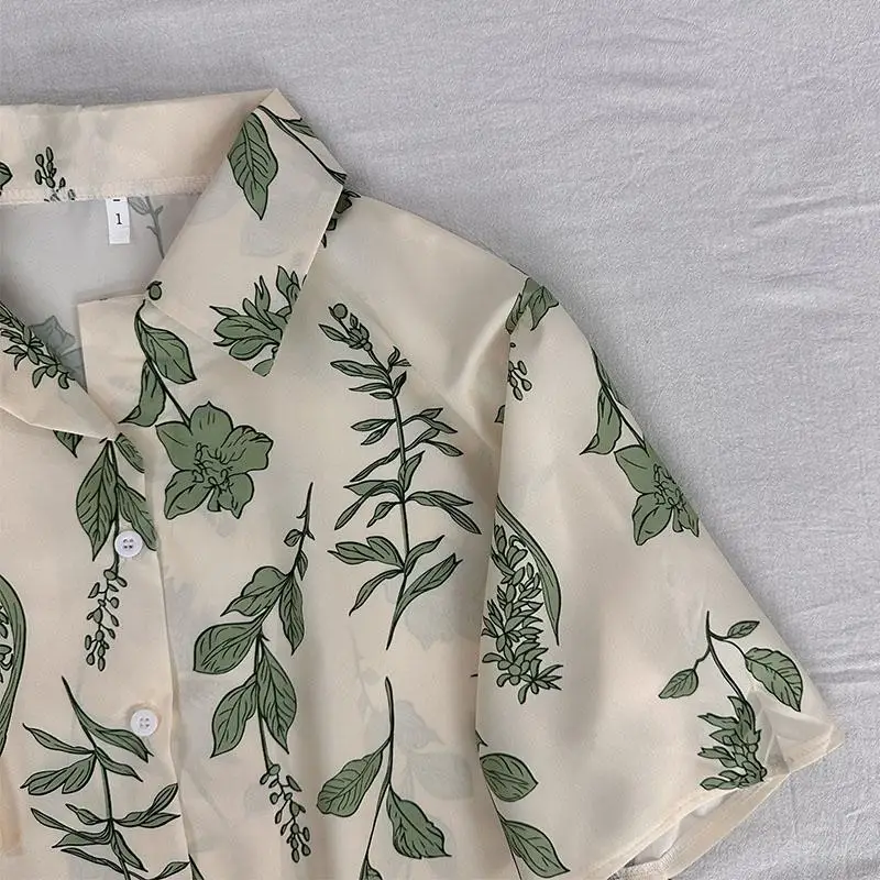 DAYIFUN-Blusas estampadas em folhas para mulheres, gola virada para baixo, manga curta, camisas elegantes, tops casuais, botão de escritório, vintage, outono