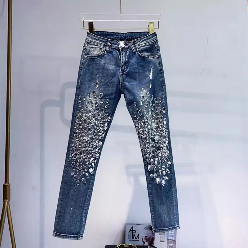 

Fashion Handmade Diamond Shiny Jeans Women Sexy Skinny Slim Denim Pencil Pants q665