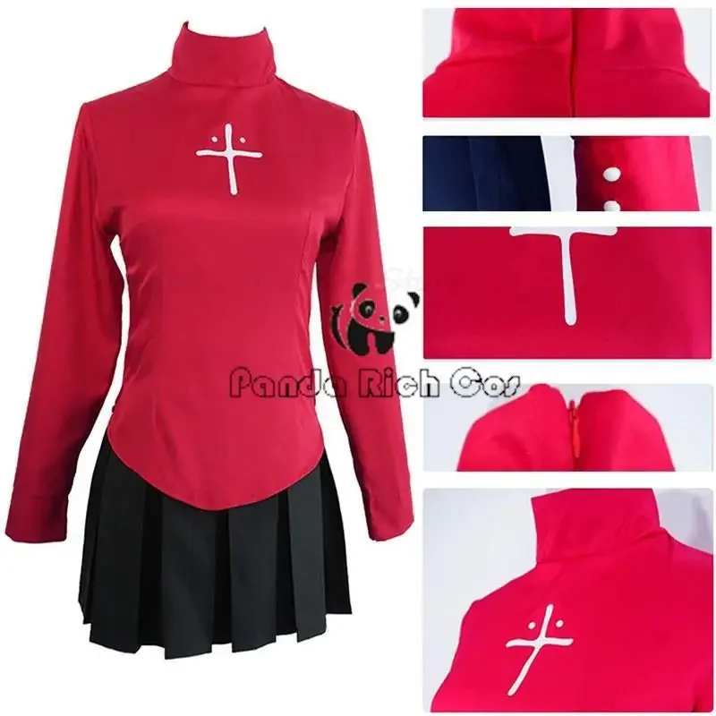 Tohsaka Jean Cosplay Fantasias Femininas, Anime Fate Stay Night, Camisa Vermelha, Saia, Peruca, Vestido, Colar, Halloween, Interpretação de Papéis