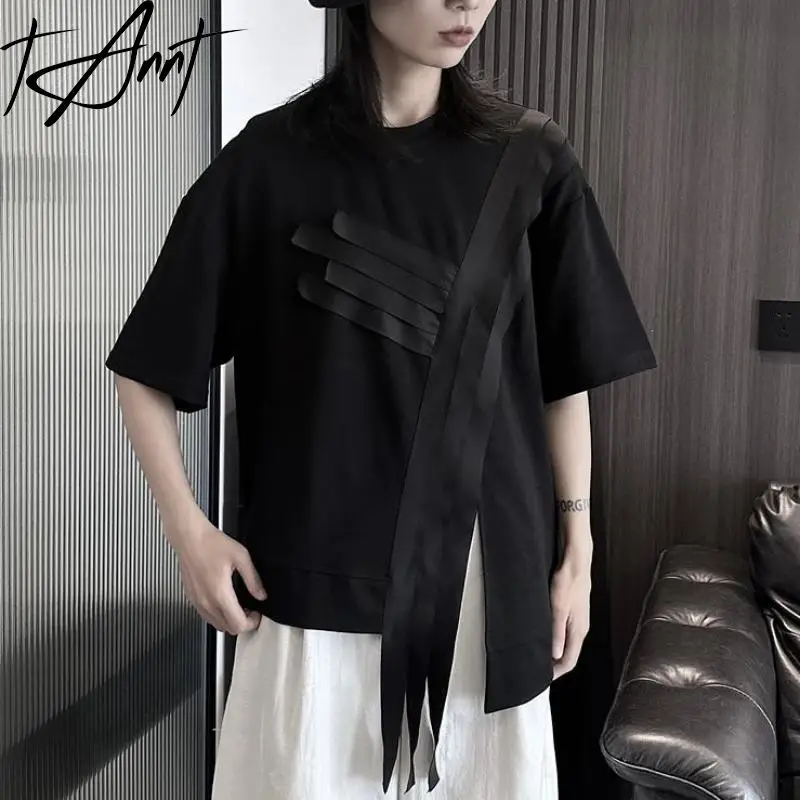 

Tannt Women T Shirt Asymmetry Short Sleeves Patchwork Long T-shirts Irregular Black Loose Black White Casual T-shirts 2024 New