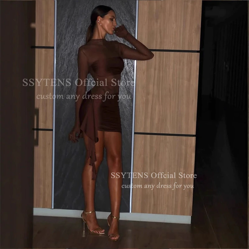 SSYTENS Gaun Malam Pendek Coklat Modern Gaun Koktail Lengan Penuh Ilusi Gaun Pesta Malam Klub Berlipat Disesuaikan