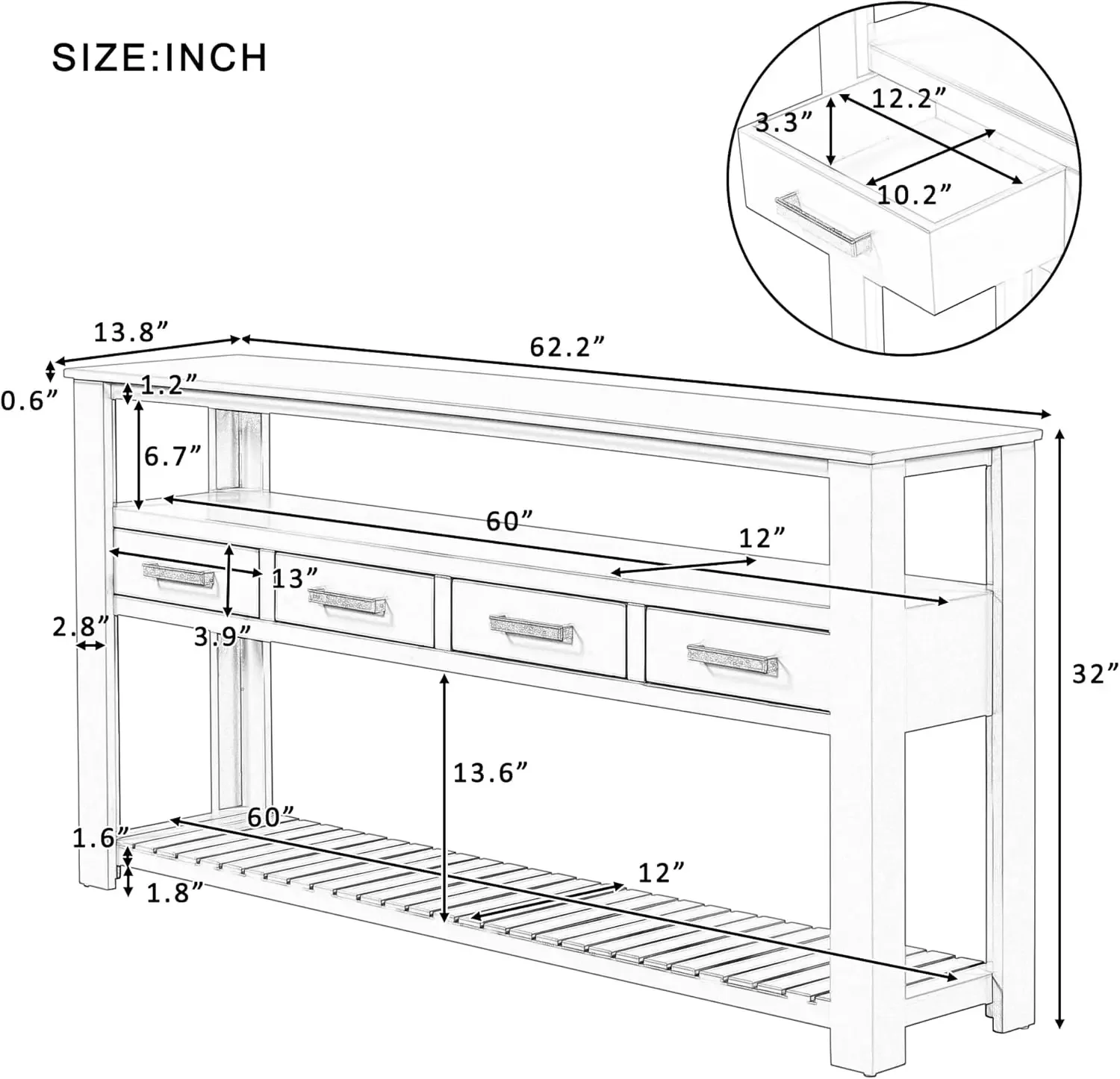 62 in Blue Console Table with 4 Drawers and 3-Tier Storage Shelves, Wood Modern Sofa Table