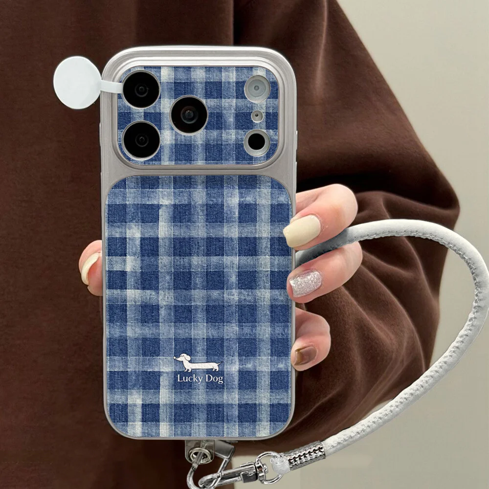 Blue-and-white Checkered Pattern Phone Case For iPhone 18 Pro Max 17 Pro 15 Pro 16 14 13 12 11 Faux leather Surface with lanyard