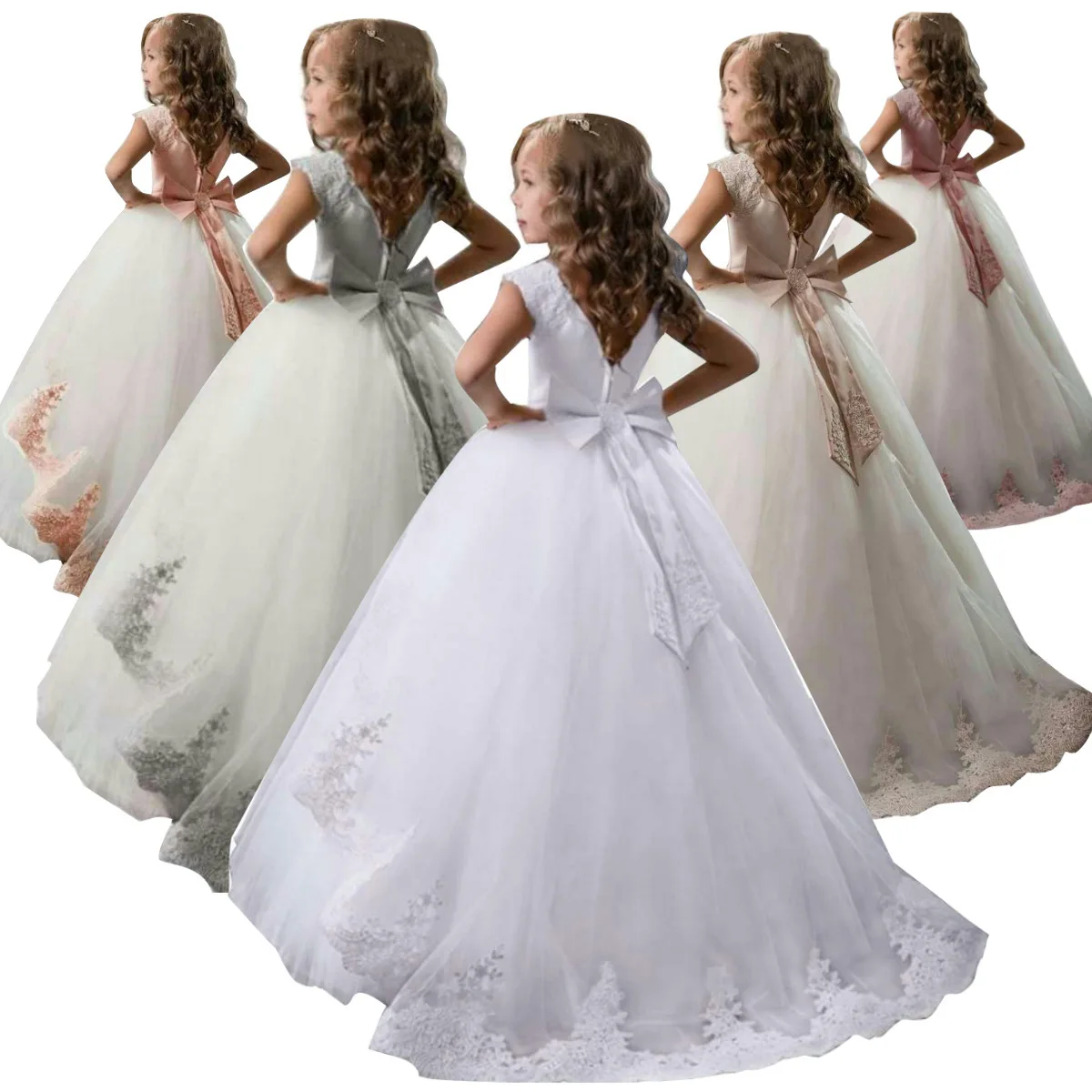 Hot Selling Girl Party Dress for 12 Years Kids Christening Gown Patchwork Lace Tulle Pure White Communion  Dresses Ankle-Length