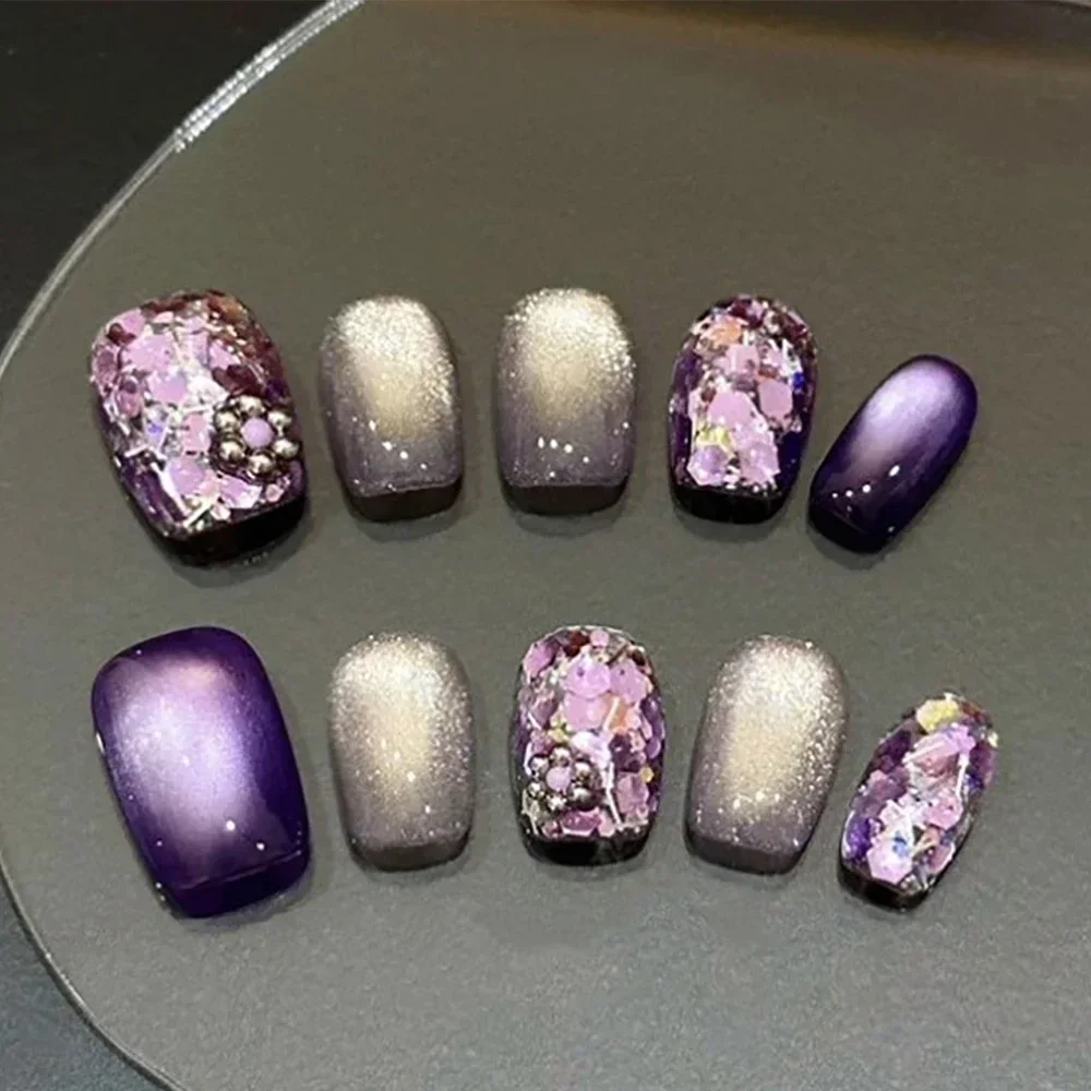 New 10Pcs Colorful Cat Eye Kawaii Handmade Press On Nails Full Cover Hand-Painted Cat Lace Bowknot Pearl Wearable False Nail Art
