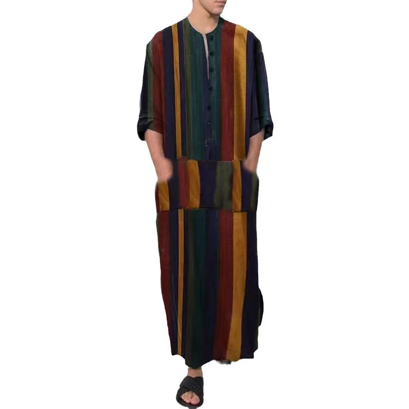 Luxury Men's Colourful Printing Striped Kaftan Muslim Robe Arabic Buttons Loose Tuic Tops Muslim Robe Men for Middle East Arabic