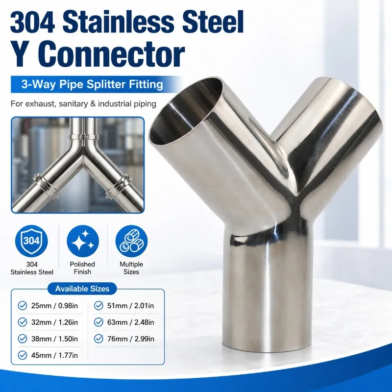 

304 Stainless Steel Y Type Pipe Connector 25-76mm, 3-Way Sanitary Tee Fitting for Exhaust Welding Industrial Tubing Adapter