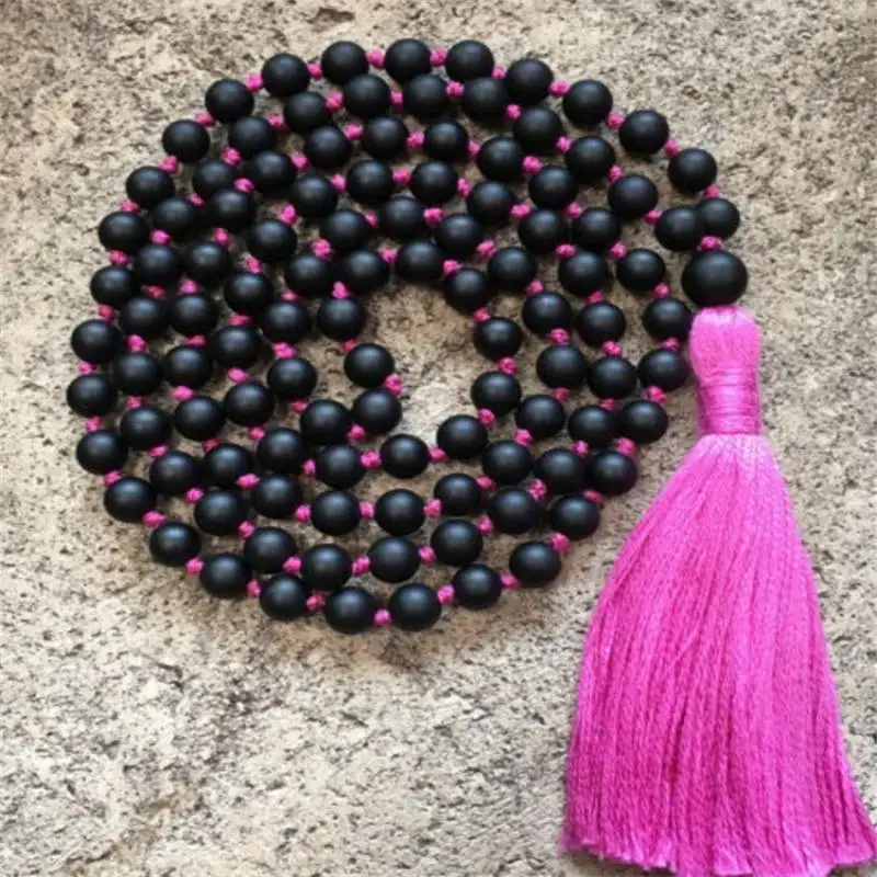 

Natural Matte Black Onyx 108 Beads Mala Necklace with Pink Accent & Tassel Spiritual Meditation Jewelry