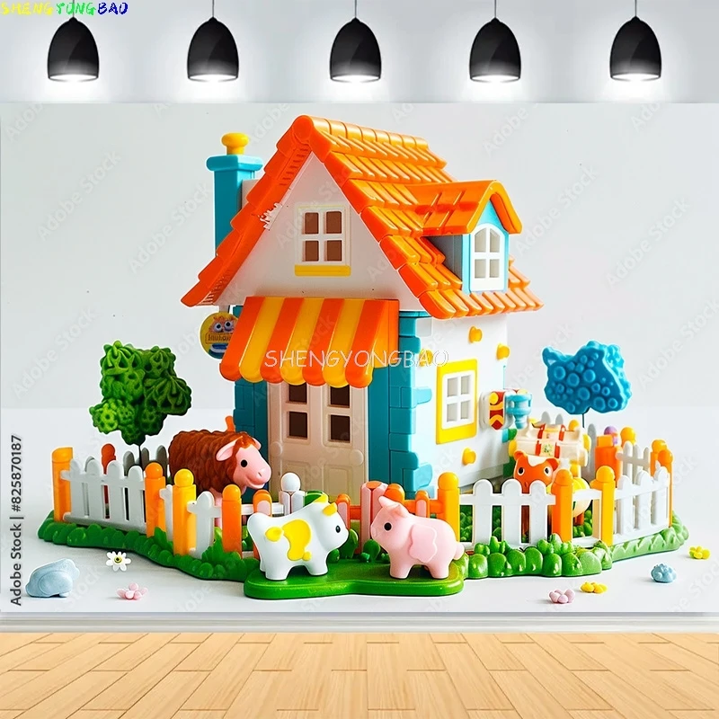 Farm Scene Old Farmer Man And Cute Animals Photography Backdrops Red Barn Windmill Dairy Cow Birthday Party Background NC-01