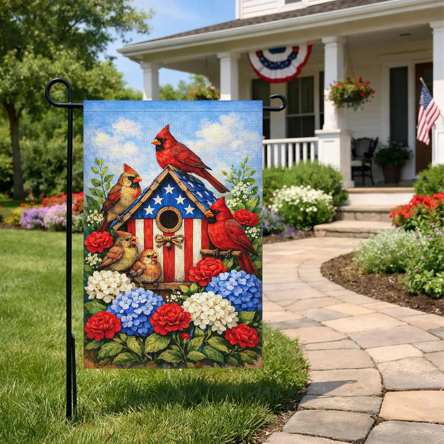 Heyfibro Patriotic Cardinal Family Garden Flag – Red White Blue Birdhouse with Flowers, Double Sided Americana Yard Outdoor  MMZ