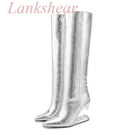 Women's Silver Pointed Toe Knee High Long Boots High Wedge Strange Heels Alligator Pattern Fashion Party Shoes