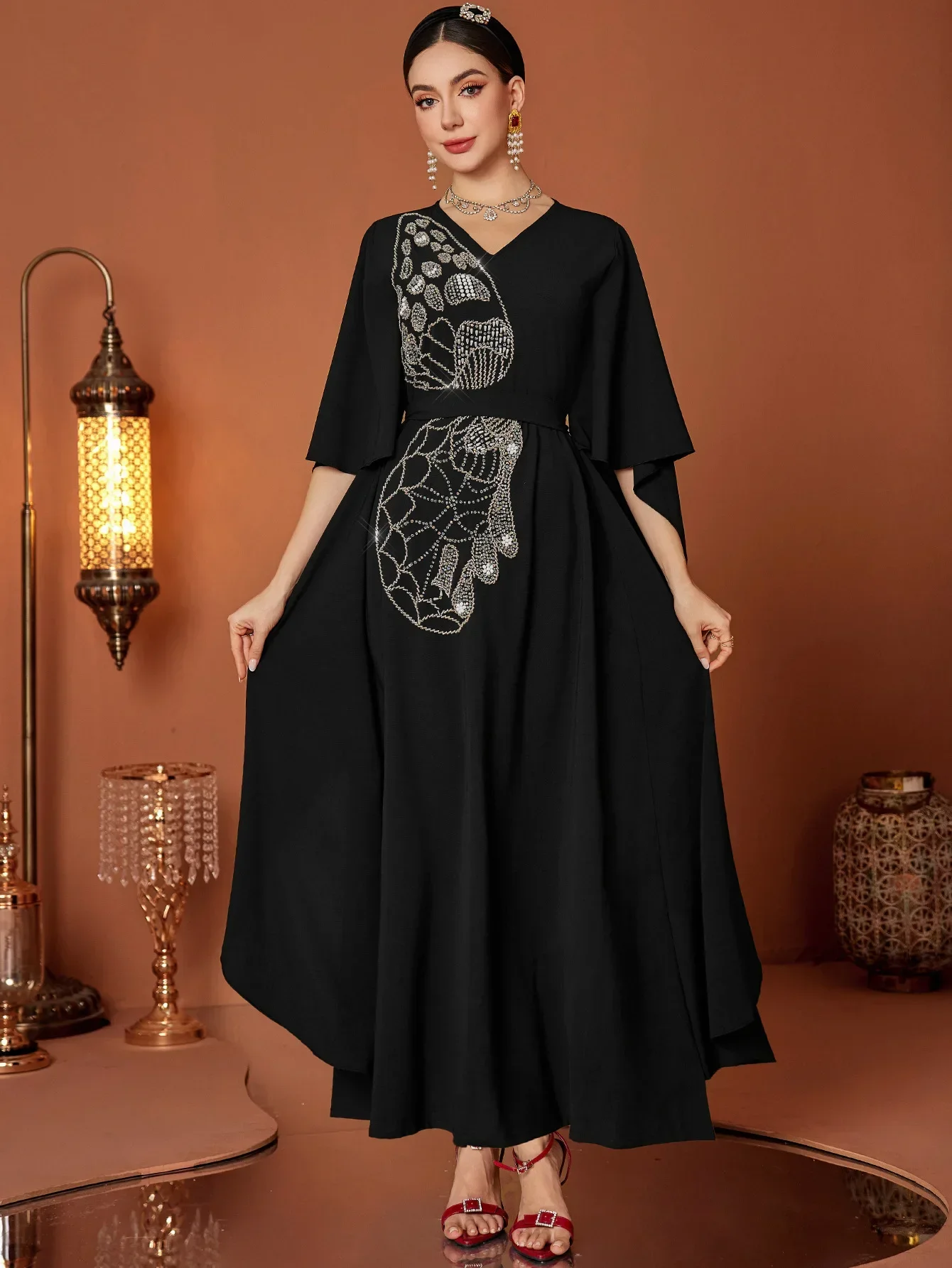 Eid hand-stitched Women Dress Abaya Beads Embroidery Dresses Bat Sleeve Vestidos Largos Party Caftan Jalabiya Ramadan Long Robe