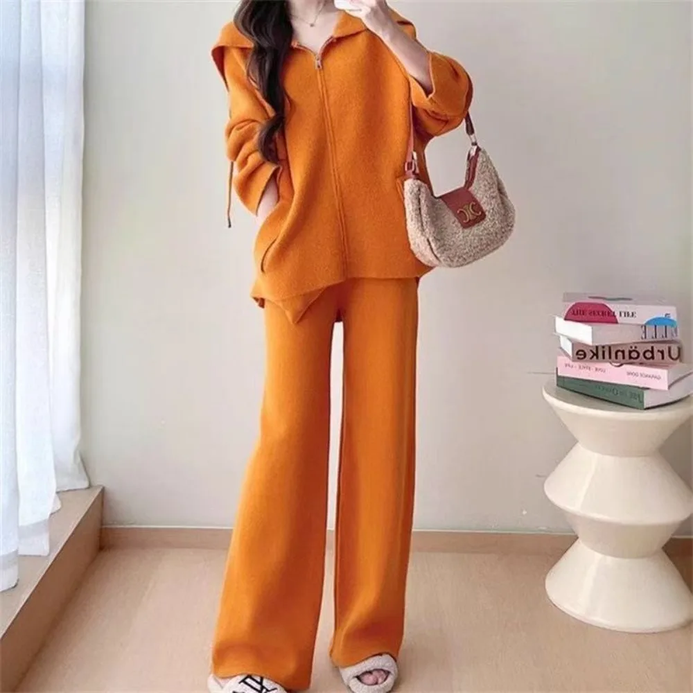 Lazy Wind Suit Women's New Drape Wide-leg Pants A Complete Set To Wear High-end Lapel Sweater Jacket Texture Unique Fashion