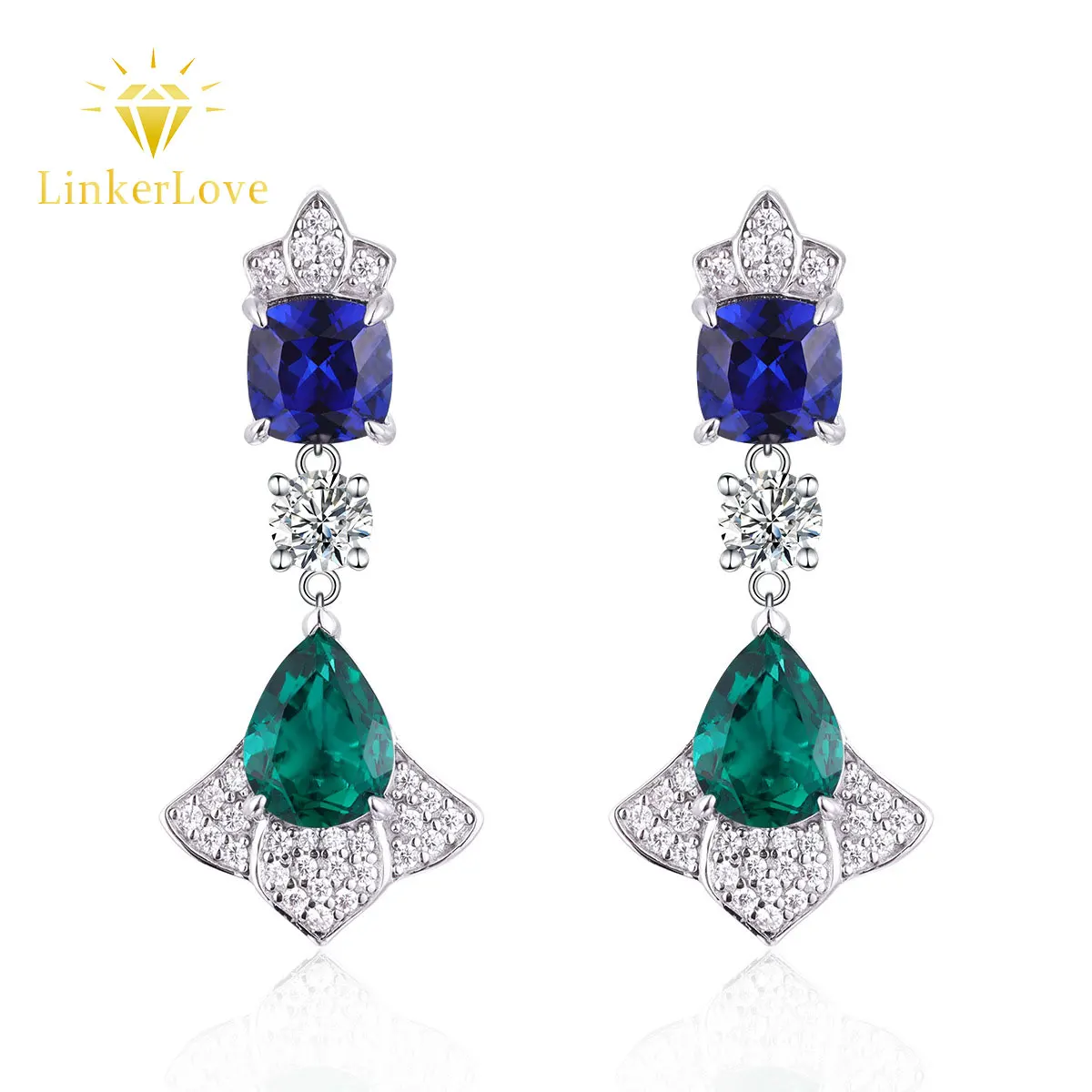 

LinkerLove S925 Silver Pendant Earrings for Women 1CT Cushion Cut Sapphire 1.25CT Pear Cut Emerald Drop Earrings Luxury Jewelry