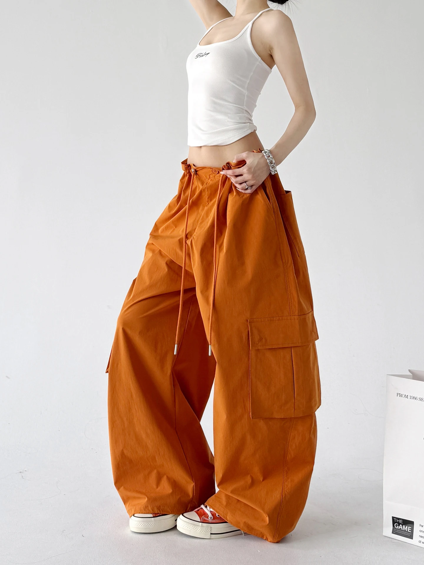 American Style Wide Leg Work Pants Women's Summer 2026 Loose Casual Outdoor Trousers Multi Pocket High Waist Polyester