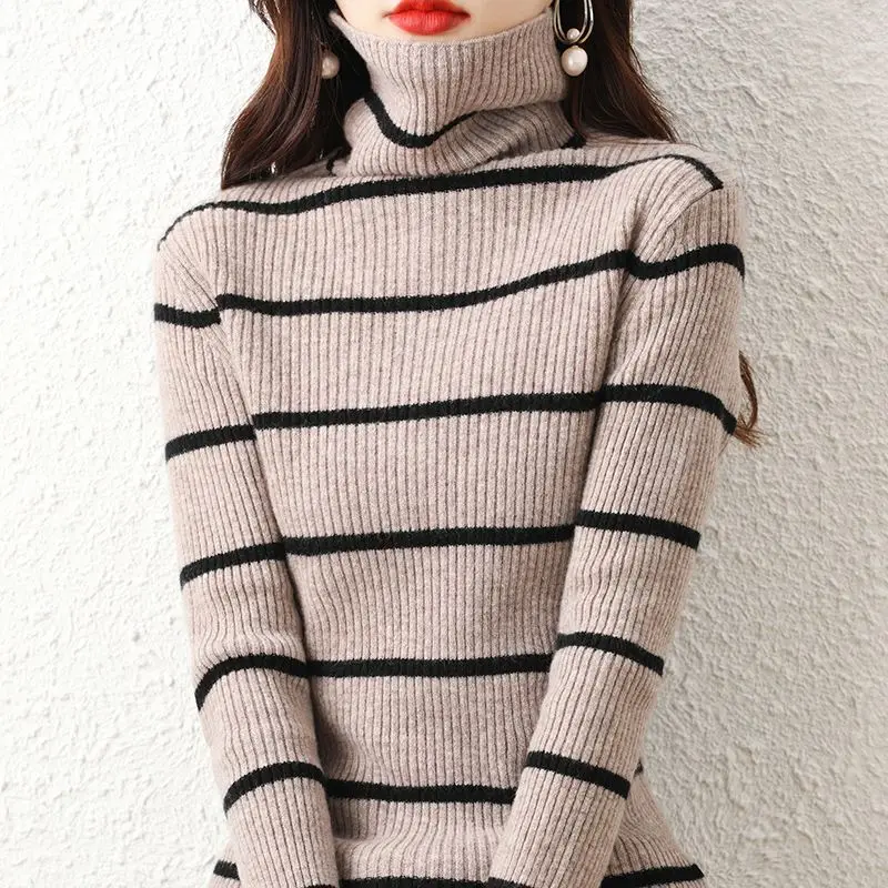 Women's Clothing 2023 Autumn and Winter Fashion New Trend Pile Collar Long Sleeve Temperament Versatile Commuter Stripe Sweater