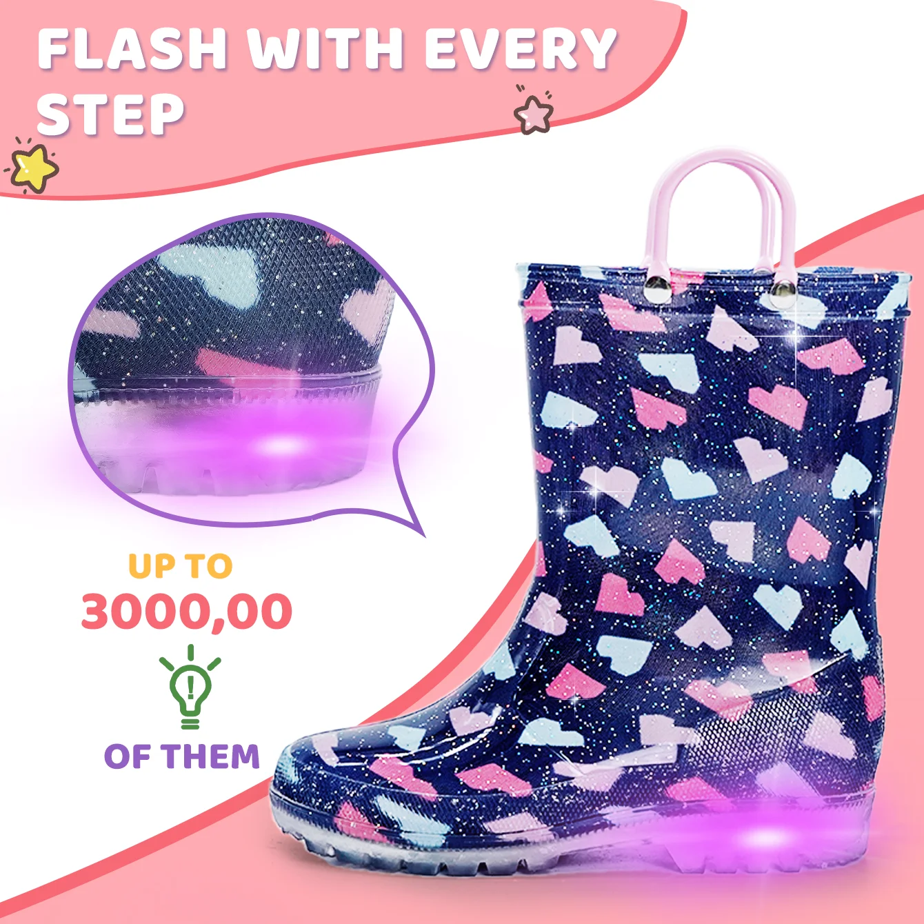 أحذية المطر ذات المصباح الأرجواني الفراولة للأطفال، أحذية المطر المقاومة للماء ومضادة للانزلاق، أحذية المطر الناعمة والمريحة