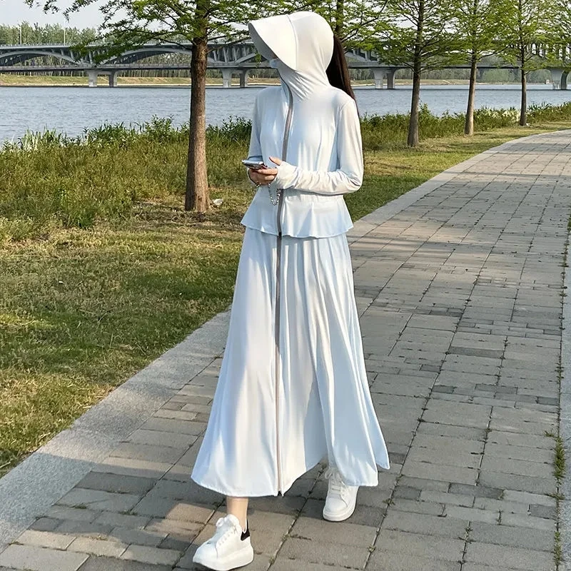 UPF 50+ Quick Dry Long Sleeve Shirts Womens Anti UV/Sun Protection Jackets Running Outdoor long Full-Body Coat Hooded Elasticity