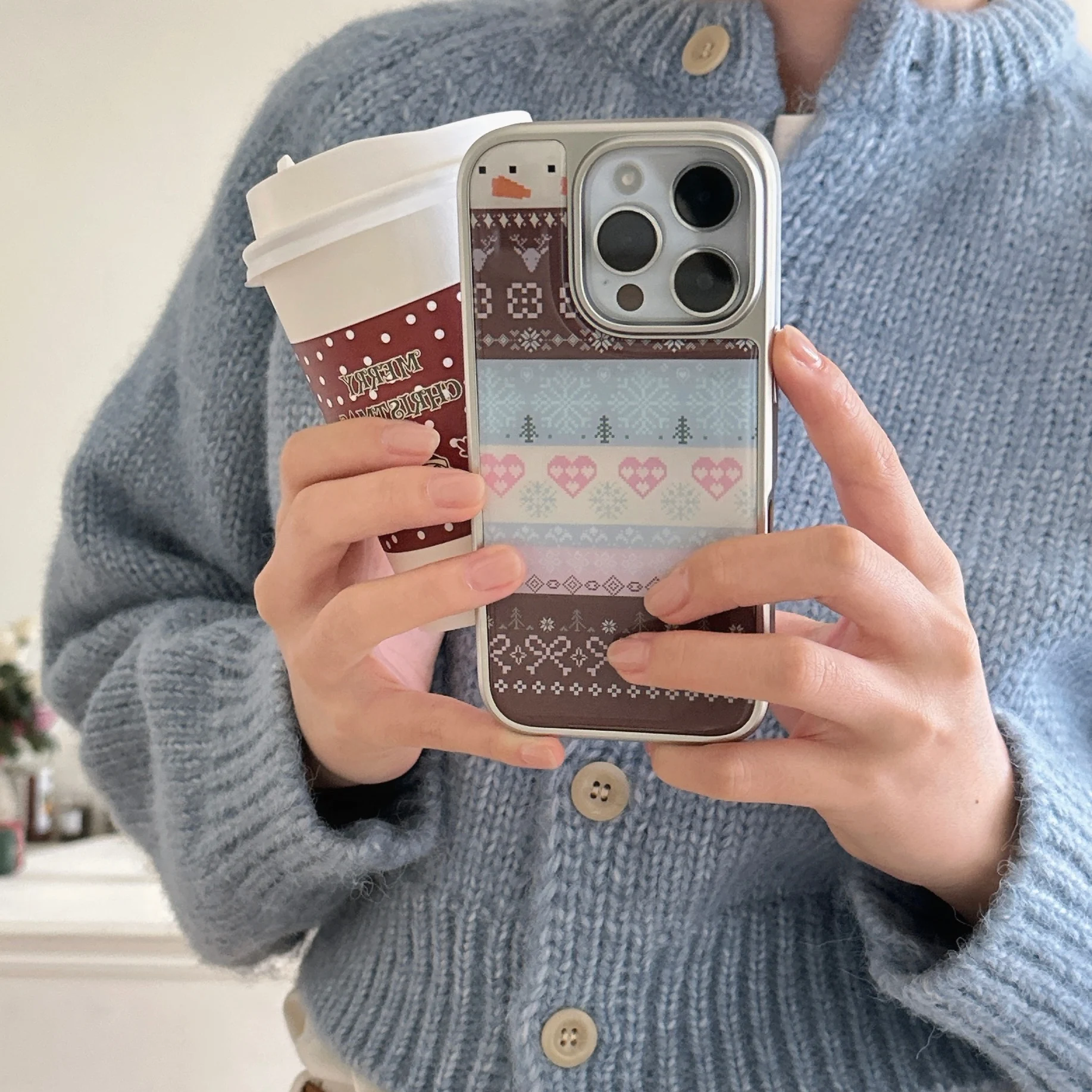 Fashion Winter Fair Isle Snowflake Snowman Heart Bowknot Printed Pattern Sliver Edge Cover Case for iPhone 13 14 15 16 Pro Max