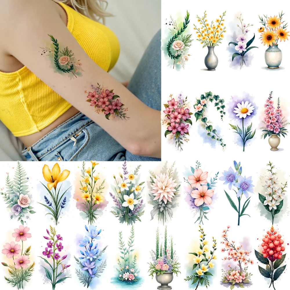 

9pcs Temporary Tattoo Flower Art Temporary Tattoo Stickers Floral Designs Waterproof Long-lasting Body Stickers For Chest