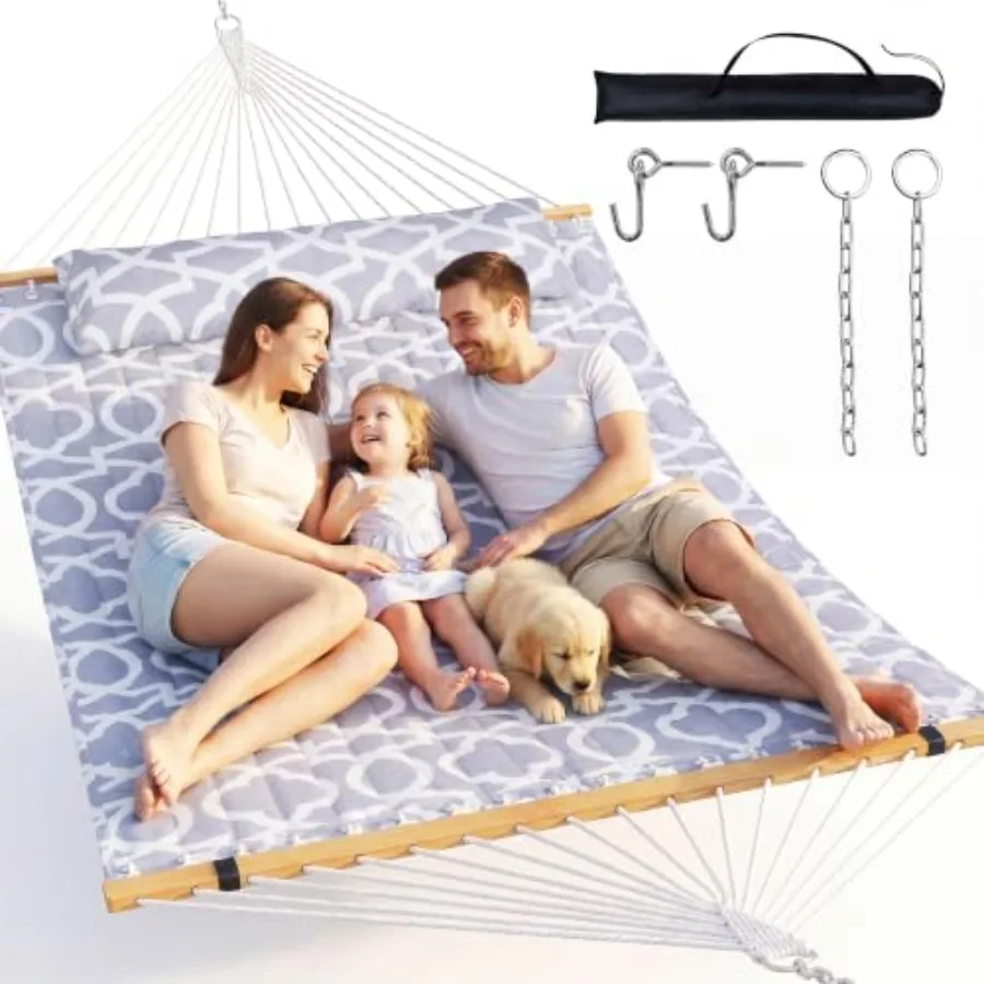 Outdoor double hammock with spreader bar for patio, camping, backyard, garden; quilted polyester fabric in white and gray; ultr