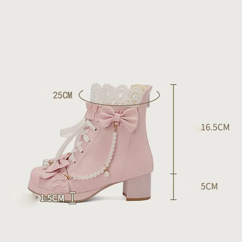 

ORCHA LISA Lolita Style Women Ankle Boots Round Toe 5cm Block Heel 1.5cm Platform Zipper Lace Up Bowknot Pearl Sweet Size 31-32