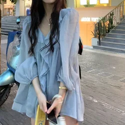 2021 Autumn Sweet Elegant Chiffon Blouse Women Blue Casual Korean Fashion Blouse Female Ruffle High Street Designer Clothing New