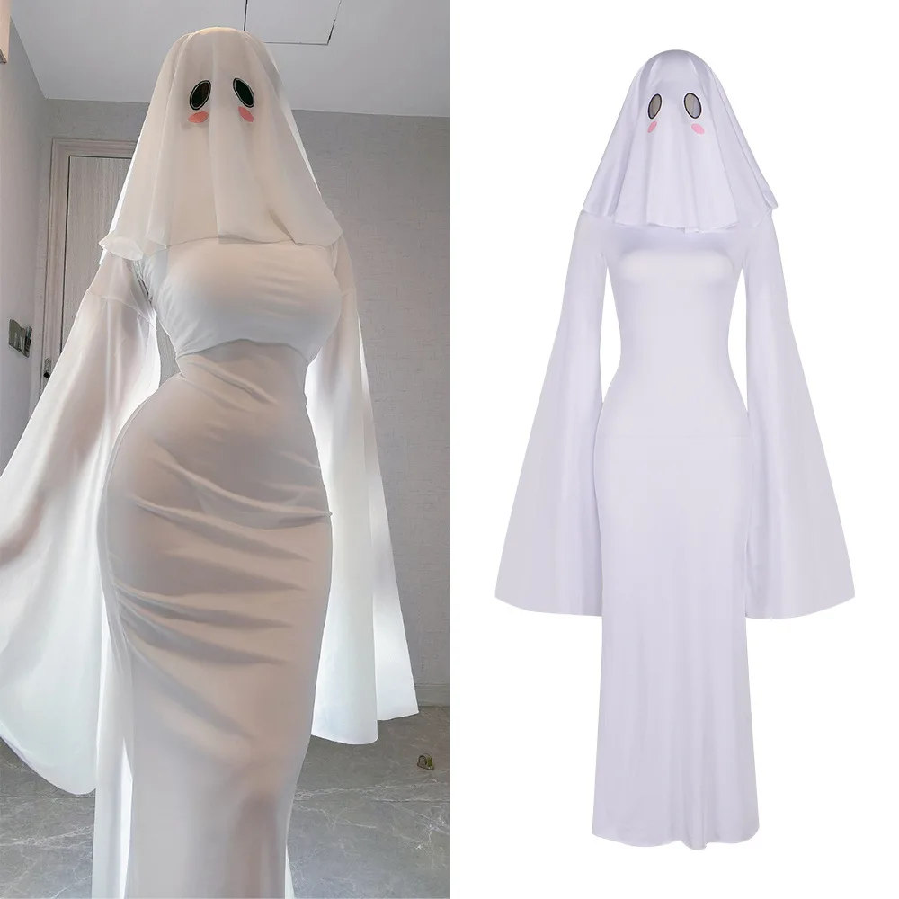 Costume de cosplay anime fantôme féminin, robe de mariée fantôme mignonne blanche sexy avec masque, robe moulante à queue pour Halloween et fête de carnaval