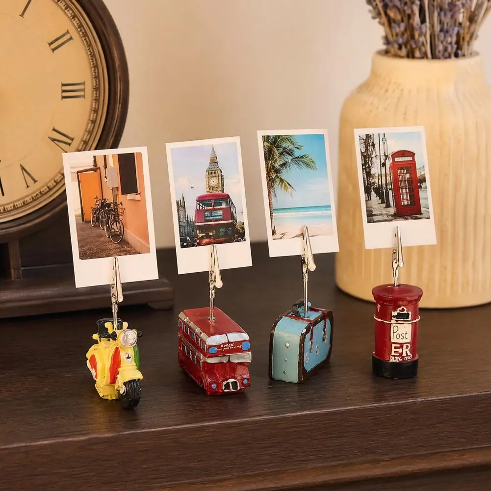 Business Card Holder Retro Metal Clip Photo Holder Vintage Resin Double-decker Bus Memo Stand Motorcycle Luggage for Office