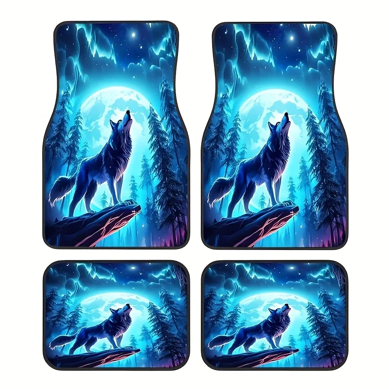 4pcs, Magic Wolf Theme Style Car Rubber Mats, Universal Non-Slip Carpet, Easy-to-Clean Interior Accessories, Synthetic Rubber Ma