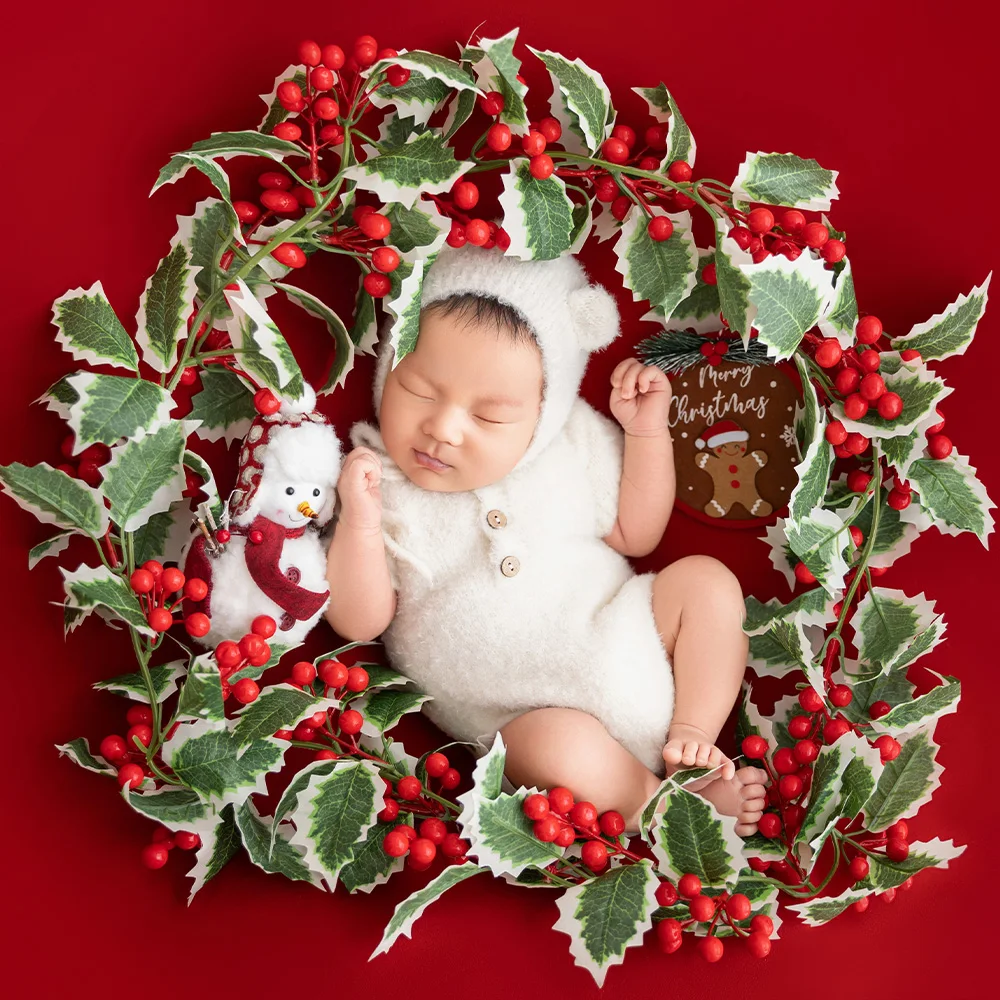 Cute Baby Bear Costume Knitted Hat Jumpsuit Set Newborn Photography Outfit Christmas Wreath Snowman Baby Photo Shoot Accessories