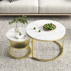 Mesa de centro redonda de madera con marco de Metal para sala de estar, balcón, oficina, Juego de 2 piezas